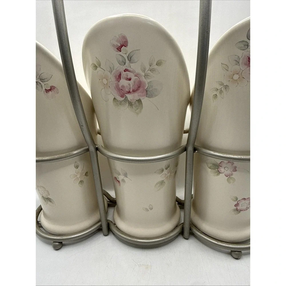 Pfaltzgraff TEA ROSE Flatware Caddy Silverware Utensil Holder With Stand.